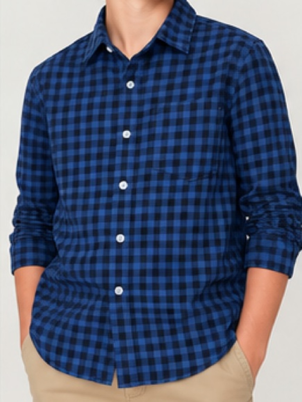 Old Navy Boys Built-In Flex Gingham Blue & Black Button-Down Shirt – XL 14–16